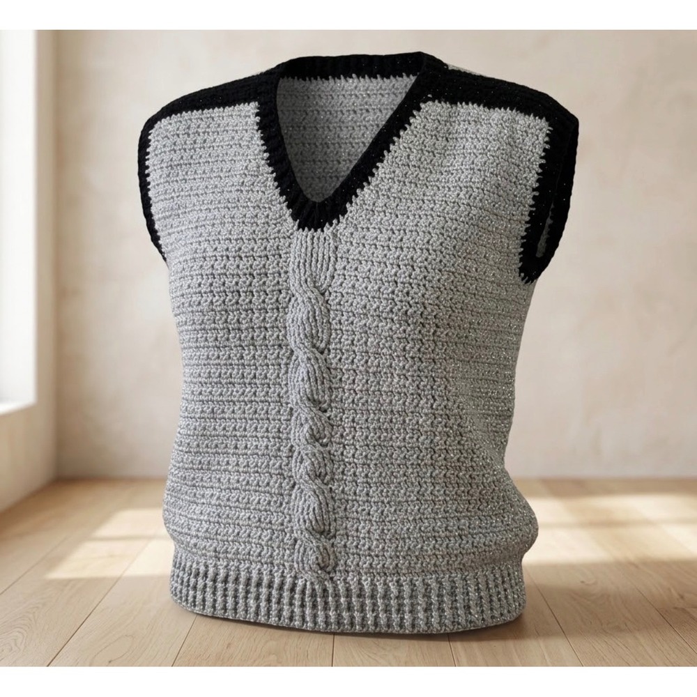 Handmade Silver Metallic Crochet Sweater Vest V-Neck Chunky Cable Knit Sz L